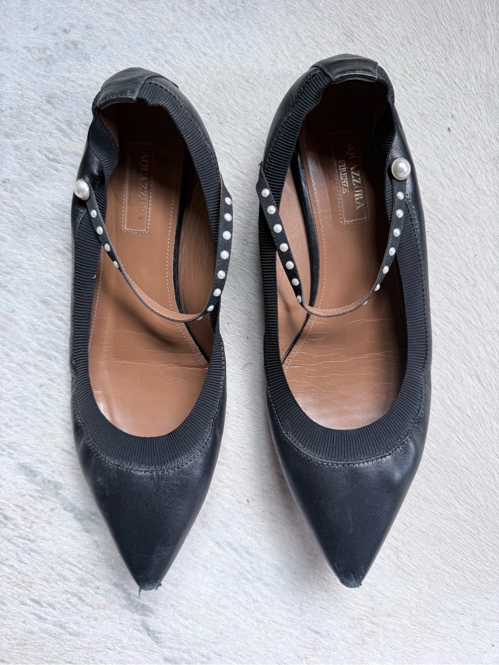 Aquazzura Black Pointed Studded Mary Jane Flats